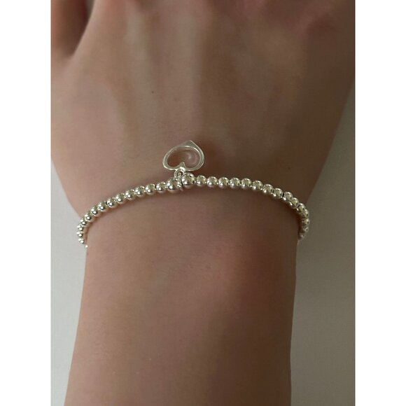 925 Sterling Silver Beaded Stretch Stacking Bracelet Heart Charm Minimalist S7" - Picture 2 of 5